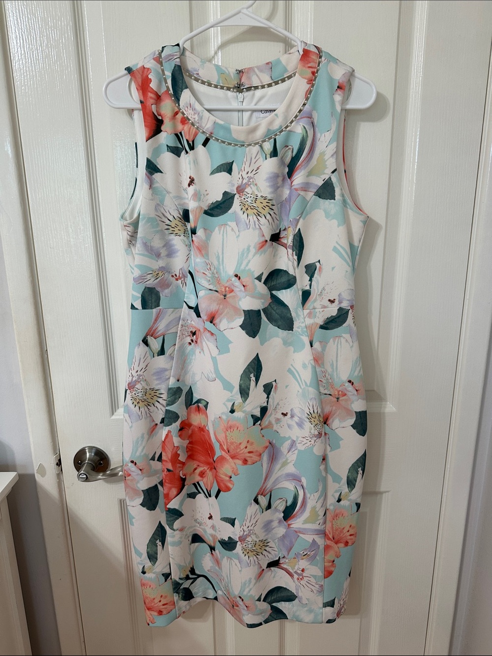 Calvin Klein Mint Floral Sleeveless Midi Dress with Coral & Ivory Blooms